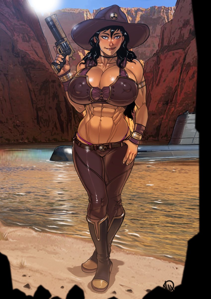 1girls abs absurd_res breasts cowgirl erect_nipples_under_clothes ganassa gun hi_res muscular muscular_female navel pistol revolver source_request tagme weapon wild_west