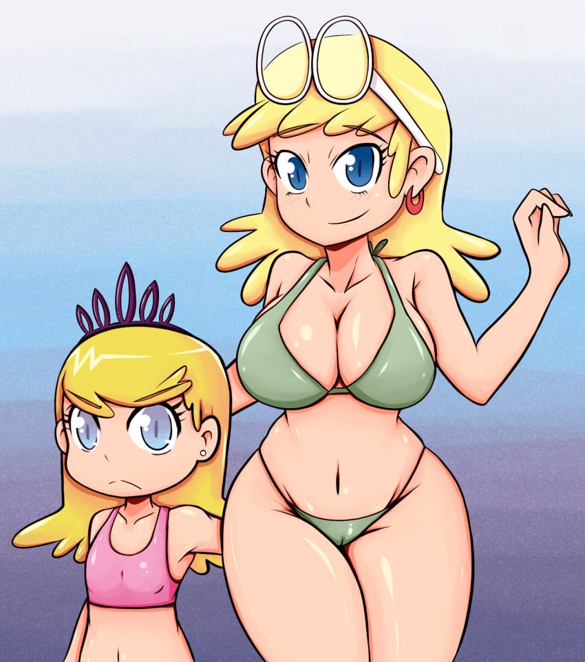 bikini blonde_hair blue_eyes earrings glasses glasses_on_head leni_loud lola_loud okappa smiling_at_viewer swimsuit the_loud_house tiara visible_pussy wide_hips