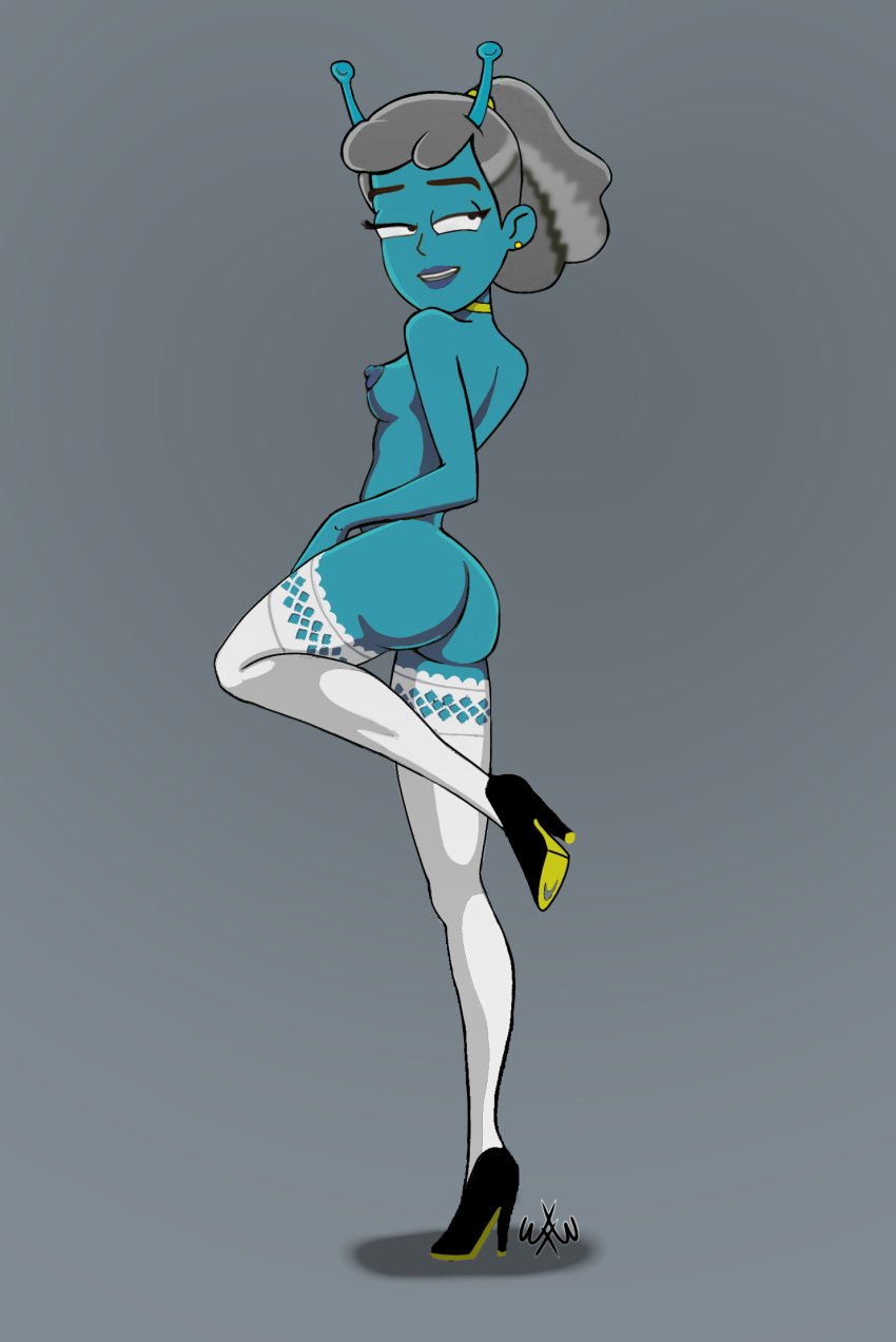 andorian_(species) antennae artist_logo artist_signature ass bare_ass beckett_mariner bedroom_eyes blue_skin breasts choker cosplay earring edit female grey_hair high_heels human looking_back looking_over_shoulder naked_footwear naked_heels naked_stockings nipple nude ponytail sideboob solo standing star_trek star_trek_lower_decks starfleet_insignia stockings thighhighs topless wasted.x.talent yellow_choker yellow_hairband