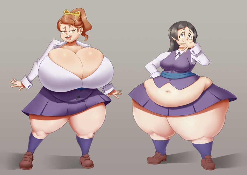 2girls barbara_parker bottom_heavy brown_hair cleavage enormous_breasts fat hanna_england hyper hyper_breasts hyper_hips hyper_thighs large_breasts little_witch_academia miniskirt muffin_top obese school_uniform seatbeltdraws shirt shoes socks thick_thighs vest wide_hips