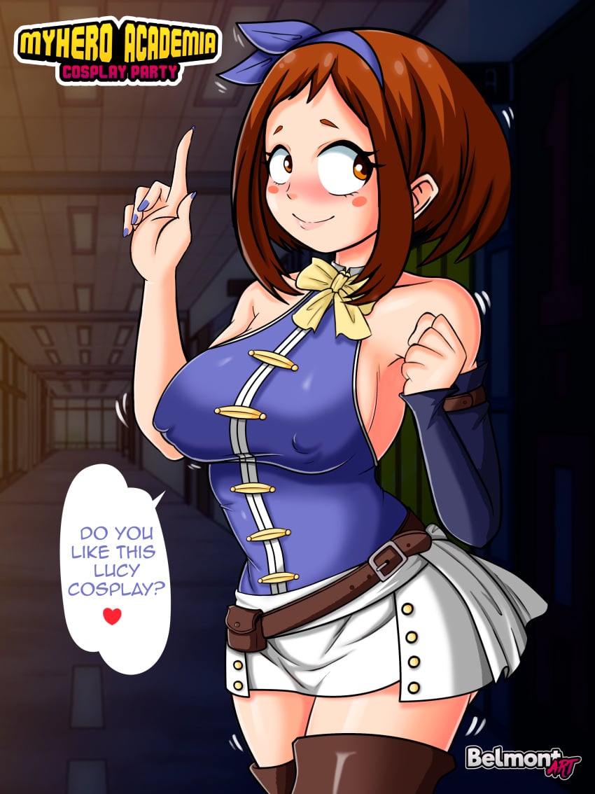 1girls belmont big_breasts blushing breasts brown_hair english_text fairy_tail female female_only hair_ribbon halloween high_heel_boots large_breasts lucy_heartfilia_(cosplay) my_hero_academia nipple_bulge ochako_uraraka short_hair solo speech_bubble text thick_thighs thighs tight_clothing