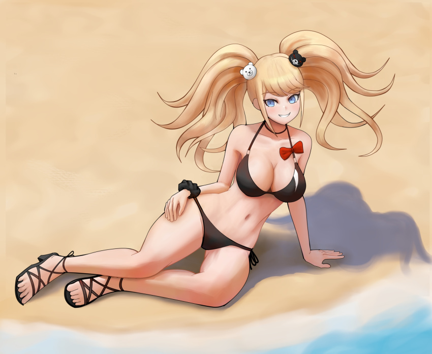 1girls bare_arms bare_legs bare_midriff bare_shoulders bare_thighs beach belly big_breasts bikini bikini_bottom bikini_top black_bikini black_bikini_bottom black_bikini_top black_sandals black_shoes black_swimsuit blonde_hair blue_eyes breasts cleavage danganronpa danganronpa:_trigger_happy_havoc danganronpa_1 danganronpa_s:_ultimate_summer_camp female female_only fit fit_female hair_ornament human human_only junko_enoshima large_breasts light-skinned_female light_skin looking_to_the_side midriff modeling navel noob_(artist) pose posing sandals seaside side-tie_bikini side-tie_bottom smile smiling solo solo_female stomach straight_hair swimsuit thick thick_thighs thighs toned toned_female twintails