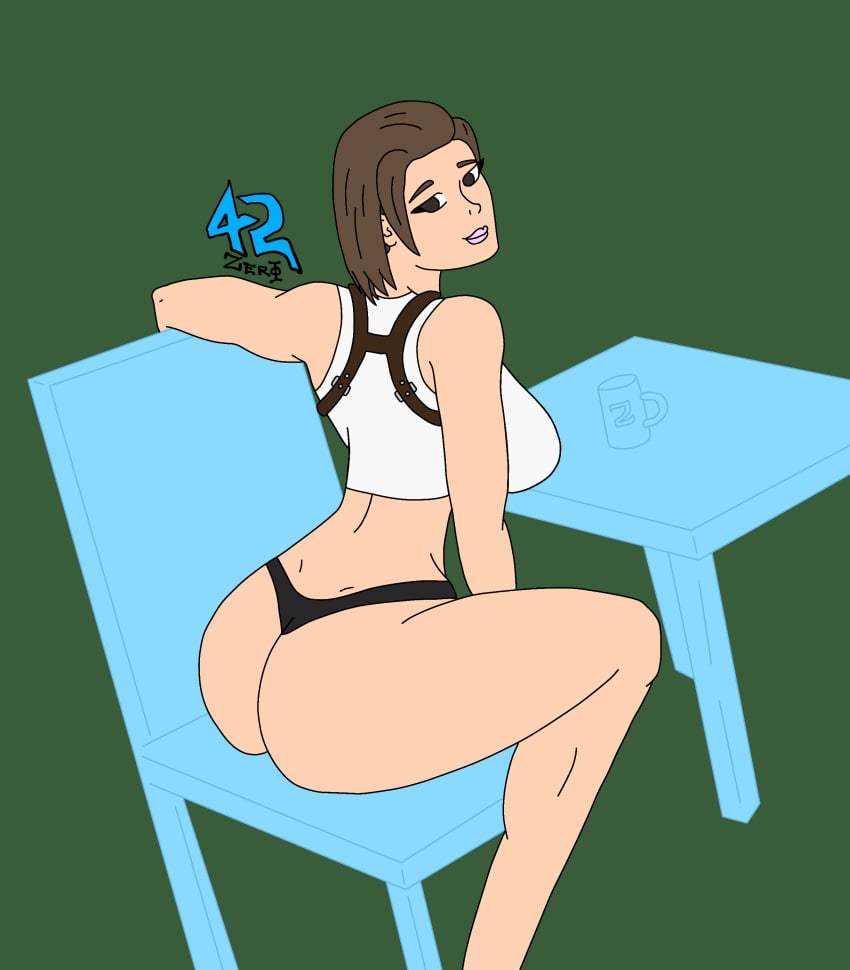 artist_name ass ass_grab black_panties black_thong breasts brown_eyes brown_hair eva_(free_fire) free_fire garena looking_at_viewer looking_back no_pants panties short_hair simple_background thong zzerotic