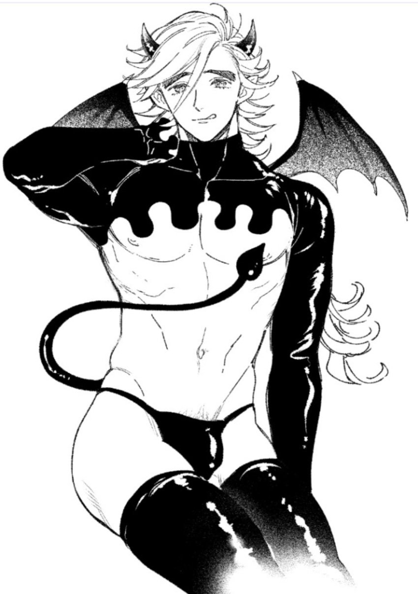 alternate_costume ambush_(trap) bulge crop_top demon_boy demon_horns demon_slayer demon_tail demon_wings douma incubus kimetsu_no_yaiba kureten licking_lips long_hair_male long_sleeves looking_at_viewer male male_only monochrome muscular_male pointy_ears solo thick_eyebrows thighhighs turtleneck underwear