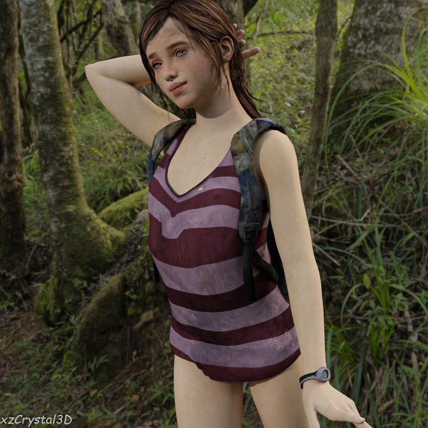 1girls 3d 3d_(artwork) backpack bag blender blender_(software) brown_hair cg clothing ellie_(the_last_of_us) ellie_williams female female_focus female_only forest half-dressed human naughty_dog no_pants outside small_breasts solo solo_female teen teenage teenager the_last_of_us wristwatch wristwear xzcrystal3d young