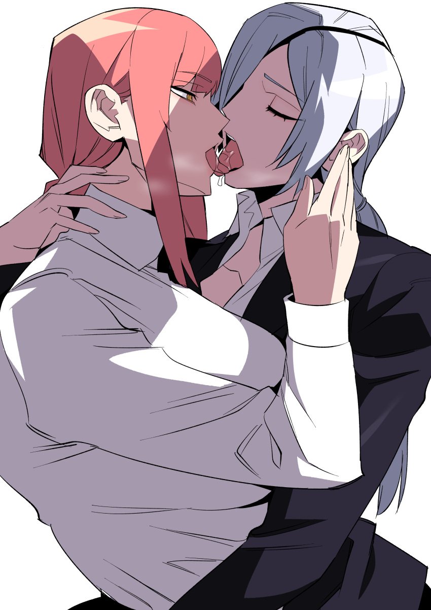 2girls braided_hair chainsaw_man closed_eyes eyepatch female fully_clothed grey_hair kissing long_hair makima_(chainsaw_man) pobotto quanxi_(chainsaw_man) red_hair saliva tongue_kiss white_background yellow_eyes yuri