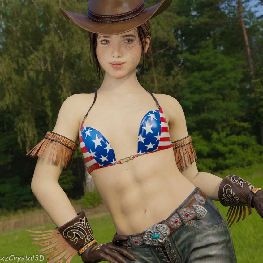 1girls 3d 3d_(artwork) abs american_flag american_flag_bikini belt blender blender_(software) bra cg cowgirl ellie_(the_last_of_us) ellie_williams female female_focus female_only handwear hat headwear naughty_dog outside small_breasts solo solo_female teen teenage teenage_girl teenager the_last_of_us tina_armstrong_(cosplay) xzcrystal3d