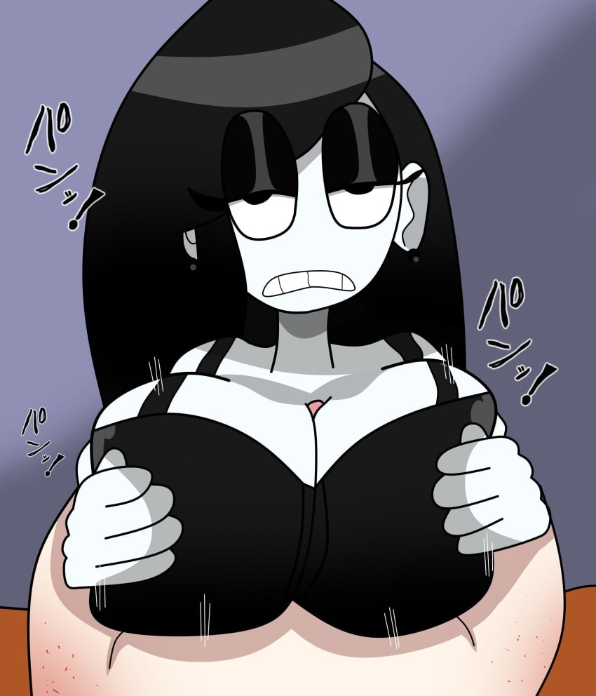 1boy 1boy1girl 1girls 2021 alolanfirestone big_breasts black_bra black_hair bra breasts cleavage engulfing_paizuri fanart goth gritted_teeth huge_breasts large_breasts looking_at_viewer original original_character paizuri paizuri_lead_by_female paizuri_on_lap pov pov_eye_contact pov_paizuri sex straight tip_peeking veronica_(saltynoodles) white_skin