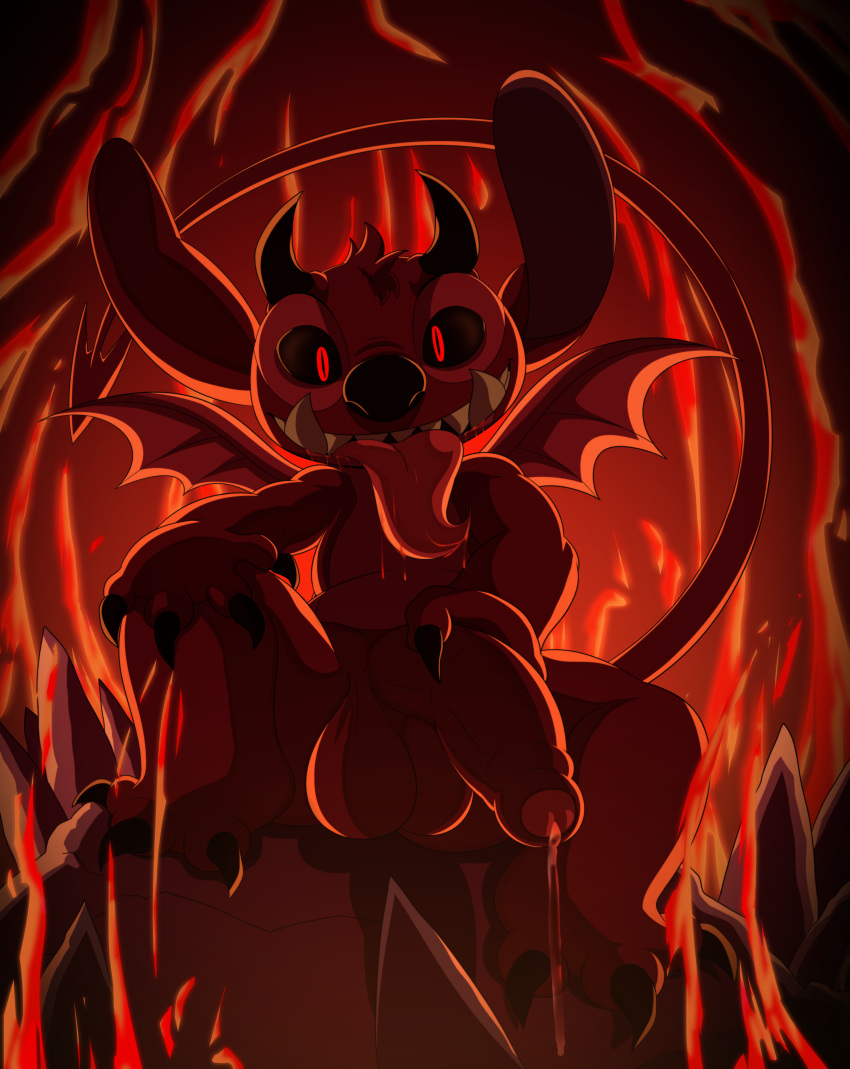 1boy 2d anthro big_penis demon demon_horns demon_tail demon_tongue demon_wings detailed_background disney fire furry furry_only jerseydevil lilo_and_stitch male male_focus male_only precum presenting_penis stitch