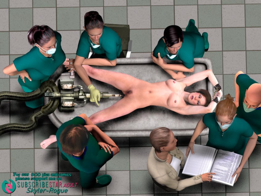 3d 3d_(artwork) bondage captured damsel_in_distress daz_studio doctor embarrassed exposed exposed_breasts exposed_pussy female girl gloves helpless humiliation mad_scientist mask medical medical_mask naked nude nude_female patreon restrained science_fiction skyler-rogue subscribestar