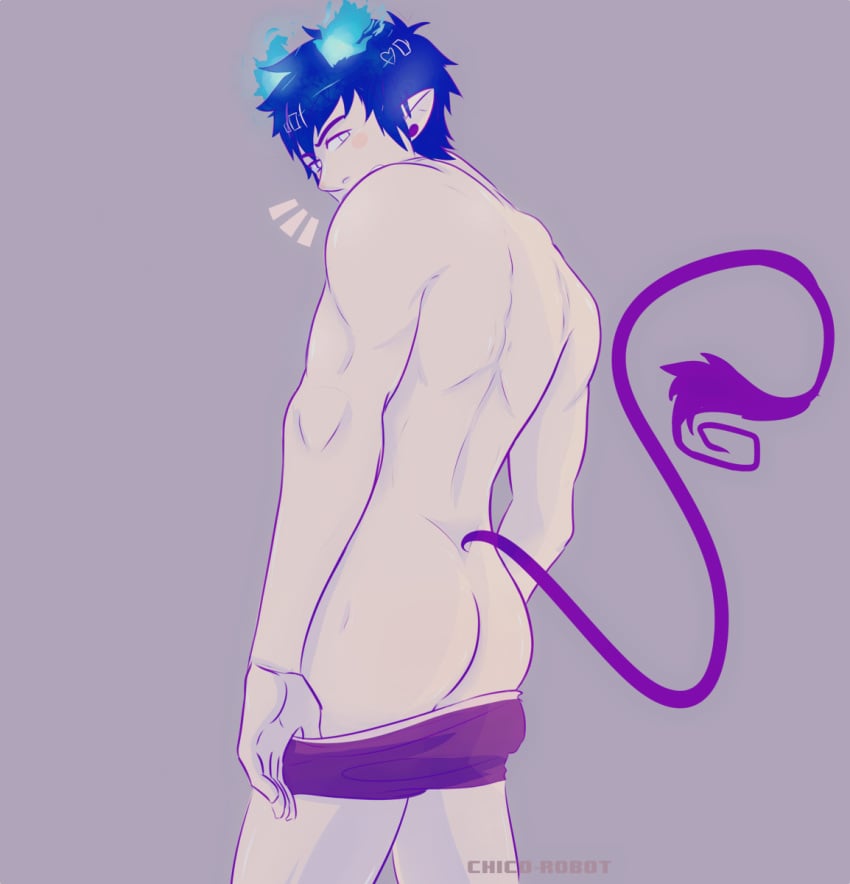 ao_no_exorcist ass athletic_male back_view blue_fire blue_hair blushing boxer_briefs boxers_(clothing) butt chicorobot demon demon_boy demon_tail earrings embarrassed full_color legs looking_back looking_over_shoulder male_only muscular_male okumura_rin pointy_ears removing_clothing removing_underwear solo_male teenage_boy teenager thighs uncensored undressing