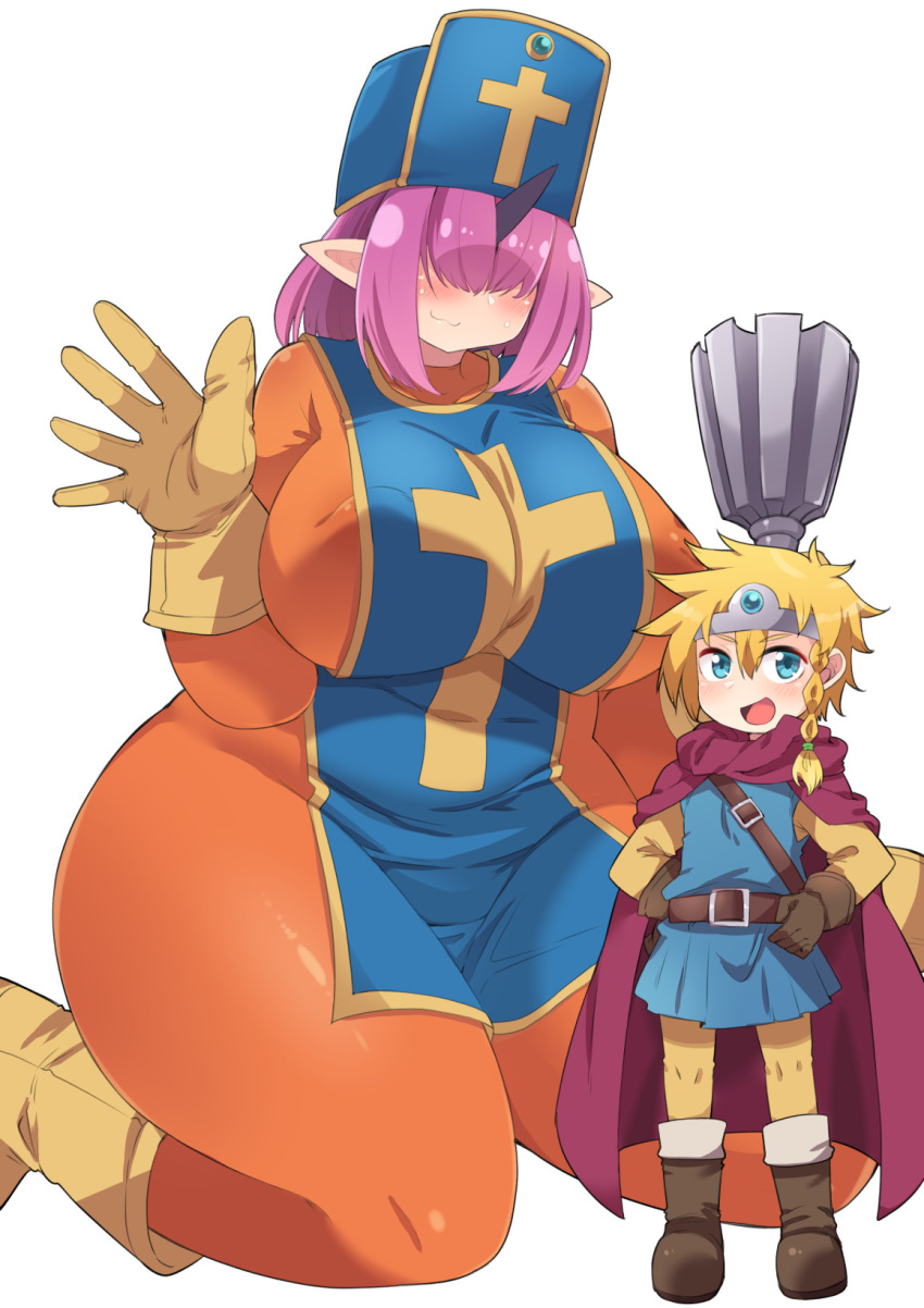 1boy 1girls :3 amagaeru_(hylathewet) blush breasts breasts_bigger_than_head clothing cosplay cyclops dragon_quest dragon_quest_iii erect_nipples erect_nipples_under_clothes female giantess hair_over_eyes horn huge_breasts ishuzoku_kyoushoujo_sextet! kneeling large_breasts larger_female looking_at_viewer mace male nipple_bulge nipples_visible_through_clothing oversized_sextet priest_(dq3)_(cosplay) roto_(cosplay) short_hair size_difference smaller_male smile thick_thighs tights touru_wynn unna_cherott wide_hips