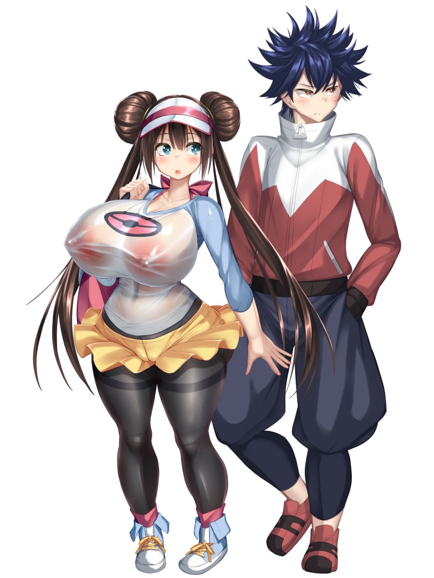 1boy 1girls alternate_breast_size areolae big_breasts blush breasts brown_hair cameltoe cap cleft_of_venus double_bun fat_mons female huge_breasts hugh_(pokemon) hyuu_(pokemon) innie_pussy kawahagitei large_breasts long_hair nintendo nipples nipples_visible_through_clothing pantyhose plump_labia pokemon pokemon_bw2 puffy_pussy rosa_(pokemon) shoes short_hair size_difference skirt smaller_female sneakers standing thick_thighs thighs tight_clothing twintails wet_clothes white_background