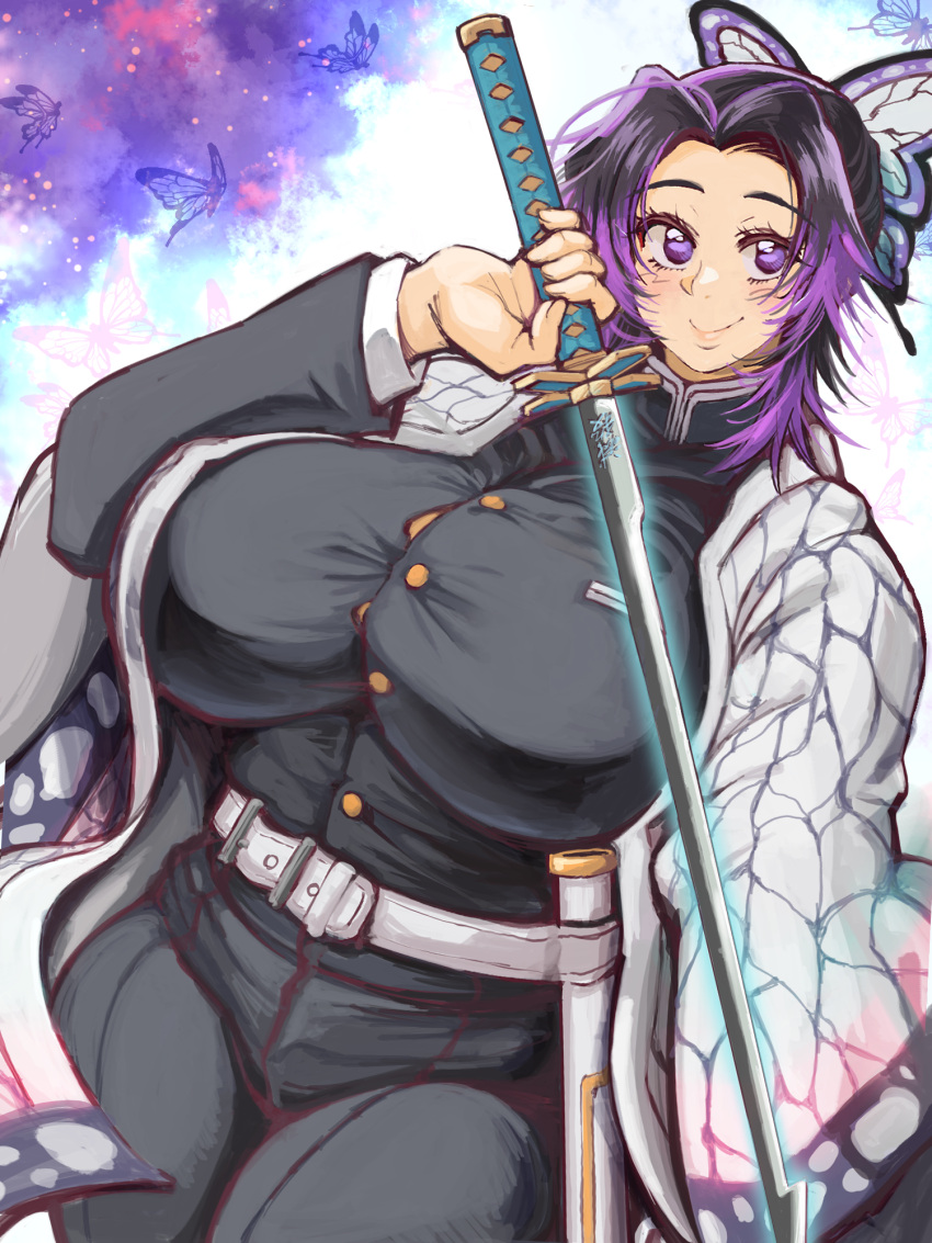 big_breasts butterfly_hair_ornament clothing demon_slayer female female_only fully_clothed haori huge_breasts kimetsu_no_yaiba kochou_shinobu purple_eyes purple_hair smile solo straining_buttons sword tight_clothing tsunapiko two_tone_hair