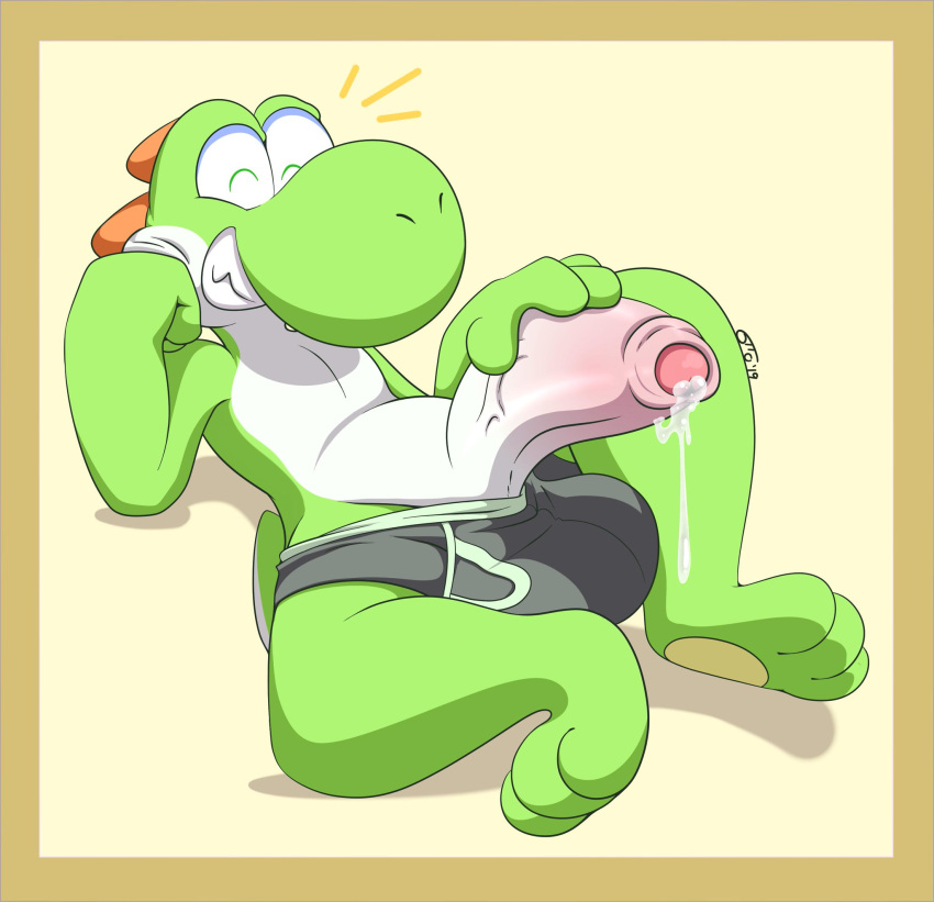 balls boxers bulge cock dick gay green_yoshi leaking_cum male_only mario_(series) nintendo otto0ttsy solo solo_male tagme yellow_background yoshi