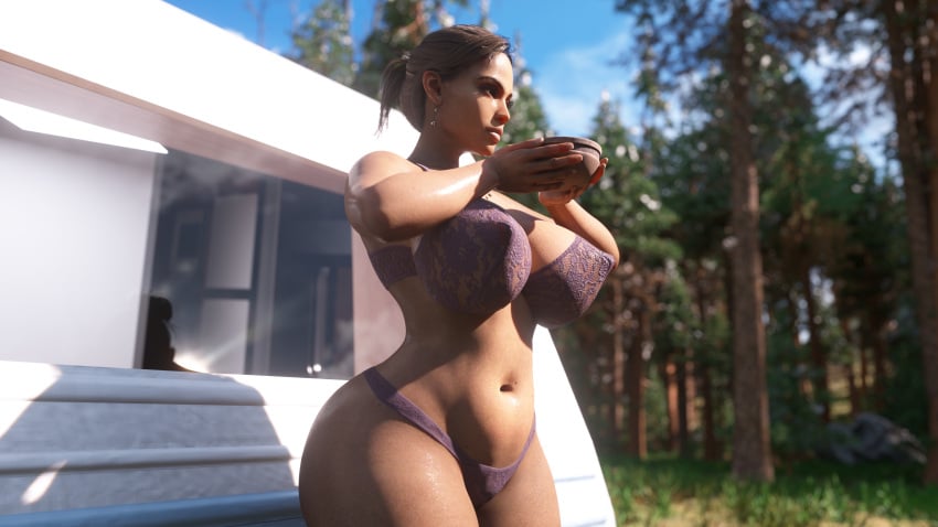 1girls 3d 3d_(artwork) african african_female areolae bare_shoulders capcom curvaceous curves curvy dark-skinned_female dark_skin female female_only highres holding_bowl huge_breasts icedev indoors large_breasts long_hair mature mature_female mature_woman outside resident_evil resident_evil_5 sheva_alomar solo standing