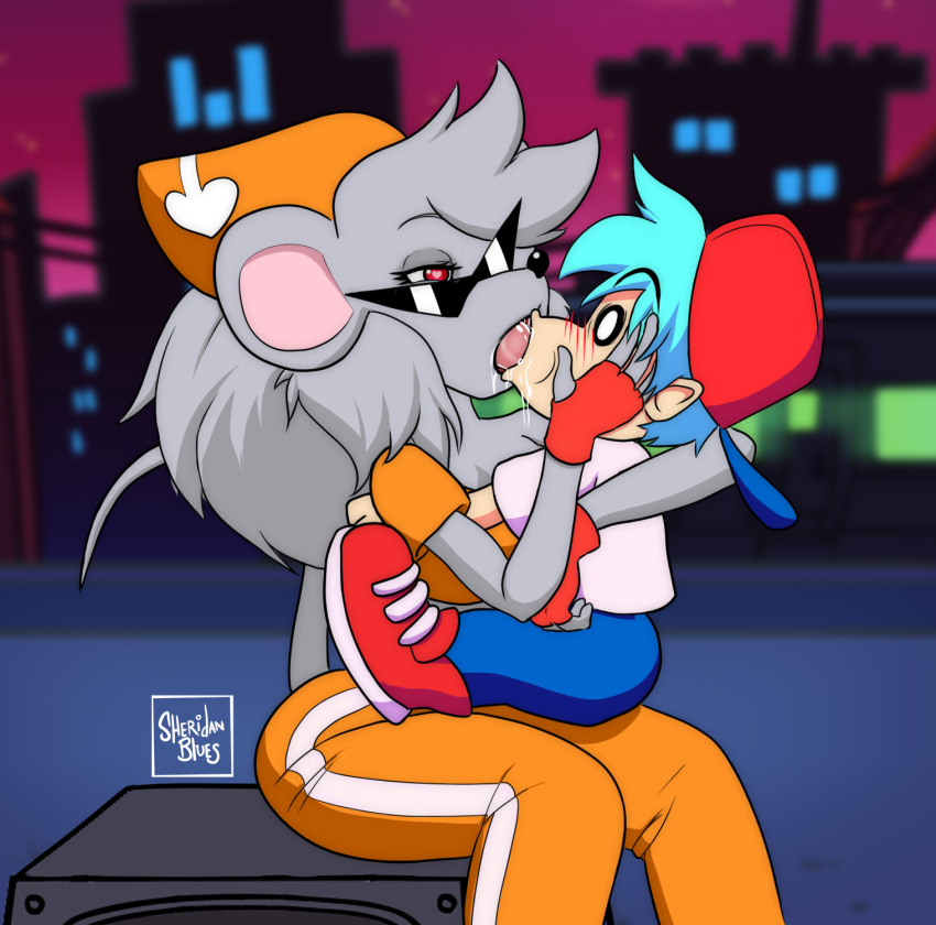 1male anthro boyfriend_(friday_night_funkin) female friday_night_funkin furry_on_human giantess heart-shaped_pupils human_on_anthro incest kissing murid ritz_(game) ritz_(ninjamuffin99) ritz_the_rat rule_63 tongue_kiss