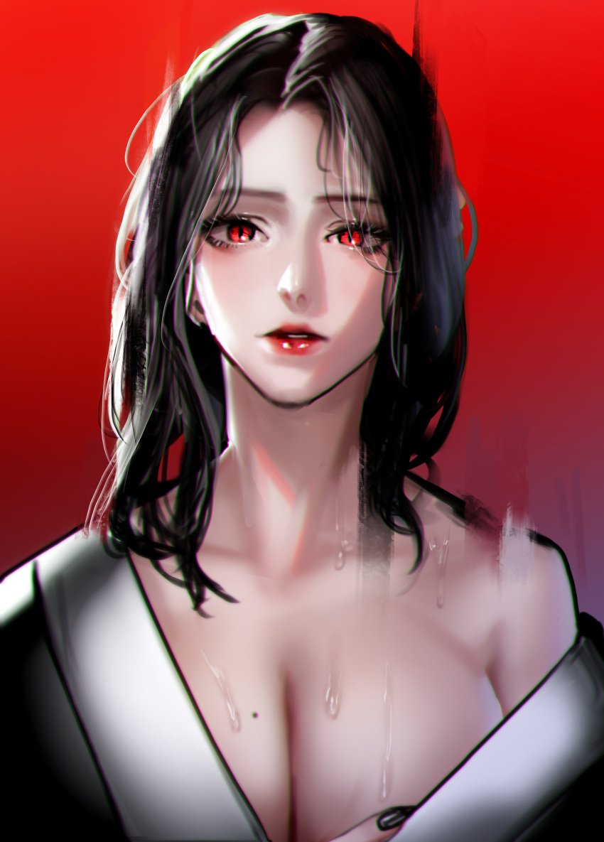 black_hair bodily_fluids canon_genderswap cleavage demon_slayer demoness female female_only genderswap genderswap_(mtf) hair_down kidmo kimetsu_no_yaiba kimono looking_at_viewer mole_on_breast muzan_kibutsuji open_kimono red_background red_eyes red_lipstick rule_63 slit_pupils solo sweat undressing upper_body