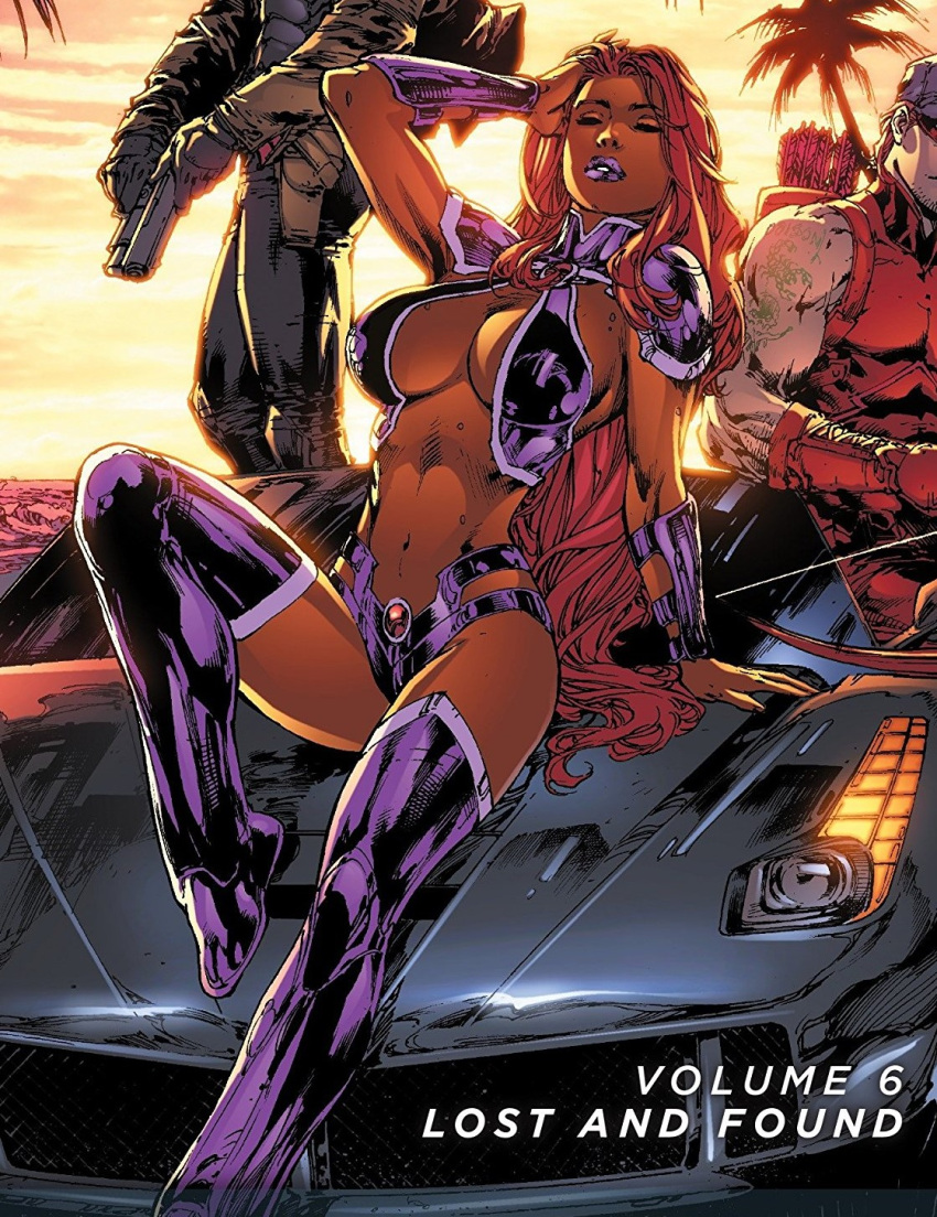 1girls batman_(series) big_breasts cleavage dc dc_comics ed_benes ed_benes_studio female female_focus fit_female fred_benes full_body jason_todd koriand'r long_hair male midriff new_52 orange_skin pete_pantazis pose purple_lipstick red_hair red_hood_(dc) red_hood_and_the_outlaws roy_harper starfire starfire_(comics) tamaranean teen_titans thick_thighs voluptuous