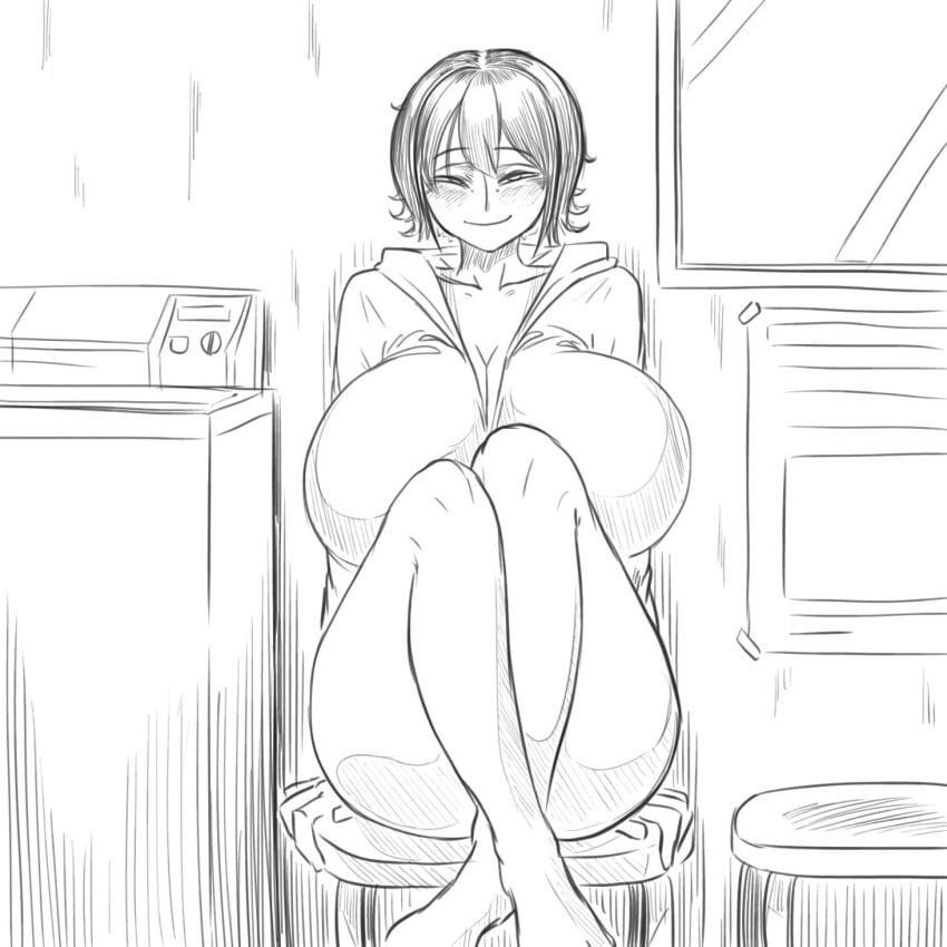 1girls 2019 bare_legs barefoot big_breasts bottomless breasts cleavage doodle female female_focus going_commando huge_breasts jacket japanese kaxiota large_breasts laundromat laundry_room legs_crossed looking_at_viewer loose_clothes loose_sweater mischievous mischievous_smile narrowed_eyes no_panties oc original_character short_hair simple_background sitting_on_stool sketch smile smug smug_face smug_smile solo solo_focus stool suspicious suspicious_girl(kaxiota) thighs tomboy topwear washing_machine white_background window