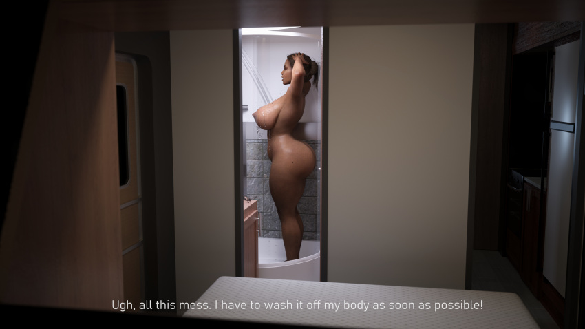 1girls 3d 3d_(artwork) african african_female areolae arms_on_head arms_up bare_shoulders bathing capcom curvaceous curves curvy dark-skinned_female dark_skin english english_text erect_nipples female female_only highres huge_breasts icedev indoors large_breasts long_hair mature mature_female mature_woman nude resident_evil resident_evil_5 sheva_alomar shower showering solo tanned_skin text water wet