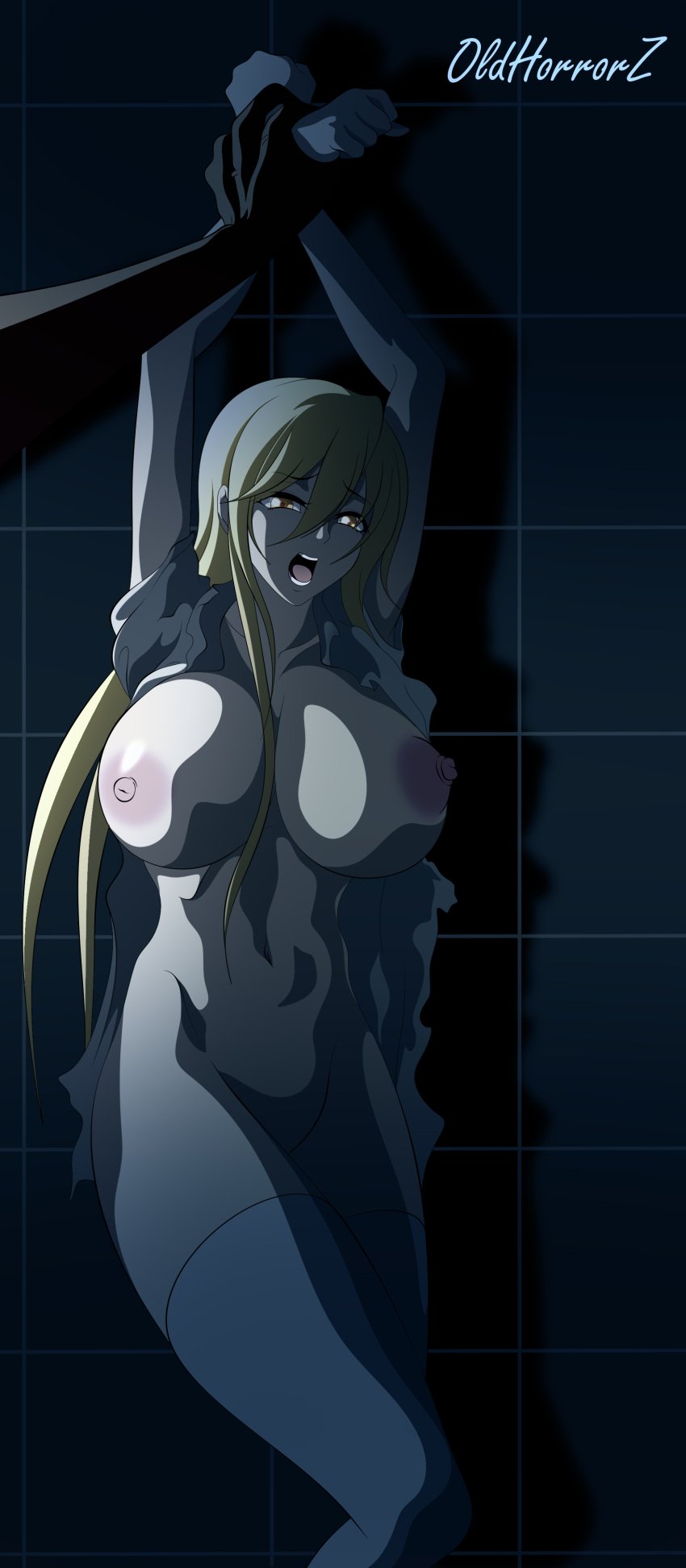 1boy against_wall arms_up big_breasts blonde fear hazel_eyes highschool_of_the_dead horror hospital huge_breasts large_breasts long_hair manhandled no_panties nurse nurse_uniform oldhorrorz scared sexual_assault shizuka_marikawa shocked shocked_expression terror thick_thighs torn_clothes torn_shirt unseen_male_face urotsukidoji wrist_grab yellow_eyes yellow_hair you_gonna_get_raped