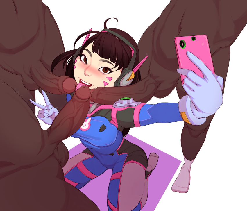 1girls 3boys big_penis blizzard_entertainment blowbang blush bodysuit brown_eyes brown_hair cellphone clothed_female_nude_male d.va dark-skinned_male faceless_male fellatio female female_focus gaiidraws gangbang headset interracial kneeling korean licking_penis long_hair long_penis looking_at_viewer male multiple_boys multiple_penises open_mouth oral overwatch peace_sign selfie smile solo_focus straight tongue tongue_out veiny_penis