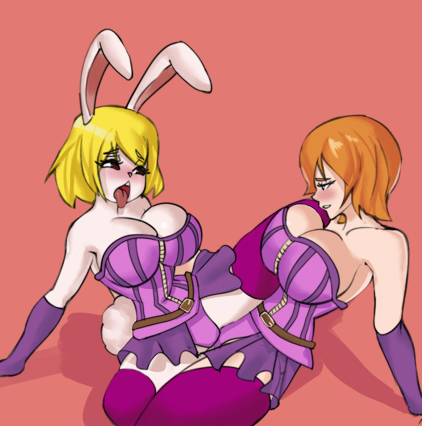 2girls absurd_res anthro big_breasts blonde_hair bloomz blue_eyes blush breasts bunny_ears bunny_girl carrot_(one_piece) clothed clothed_female clothed_sex clothing color colored female female/female female_focus female_only fur furry hi_res highres human human_on_anthro koala_(one_piece) lesbian_sex looking_at_another looking_at_partner looking_pleasured one_piece orange_hair pleasure_face rabbit rabbit_ears rabbit_humanoid rabbit_tail red_eyes sex short_hair smile smiling thighhighs thighs tongue tongue_out topwear tribadism tribadism_through_clothing yuri