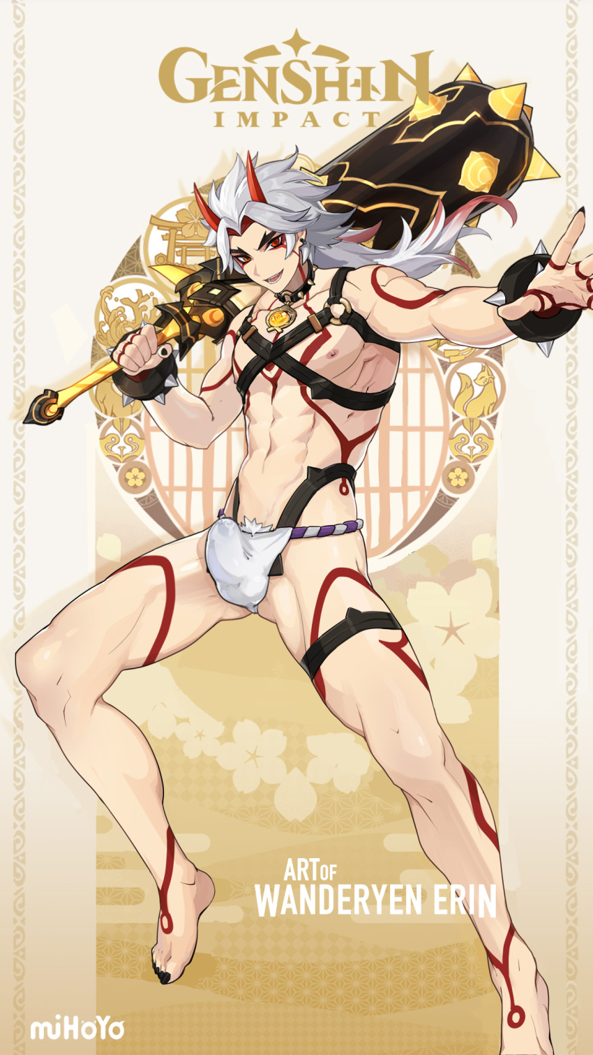 1boy abs arataki_itto big_chest black_nails body_markings bulge choker club_(weapon) collar edit erection full_body genshin_impact grey_hair male male_focus male_only mihoyo orange_eyes pubic_hair red_eyes solo solo_male spiked_bracelet spiked_collar standing straps sword tattoo toes wanderyen weapon white_hair