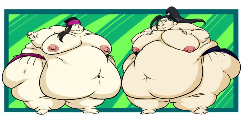 2girls bbw black_hair breasts fat fat_belly fat_woman female female_sumo mawashi morbidly_obese morbidly_obese_female nipples obese obese_male overweight overweight_female ponytail ssbbw stevie-foxx sumo