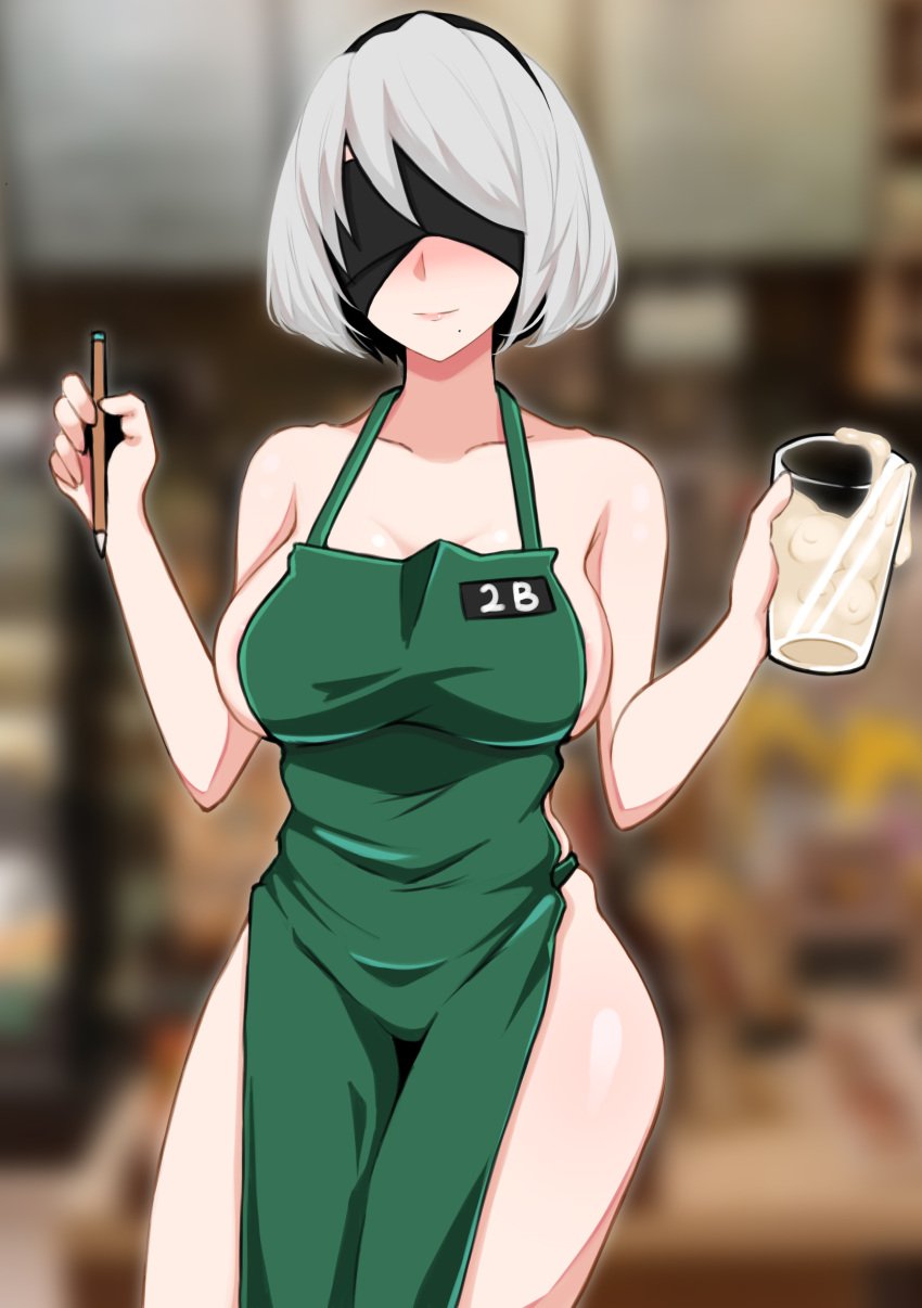 apron black_hairband blindfold breasts female female_focus female_only glass_cup green_apron hairband iced_latte_with_breast_milk light-skinned_female looking_at_viewer meme naga99770 naked_apron nier:_automata nier_(series) pencil short_hair smile smiling_at_viewer solo solo_female thighs voluptuous white_hair yorha_2b