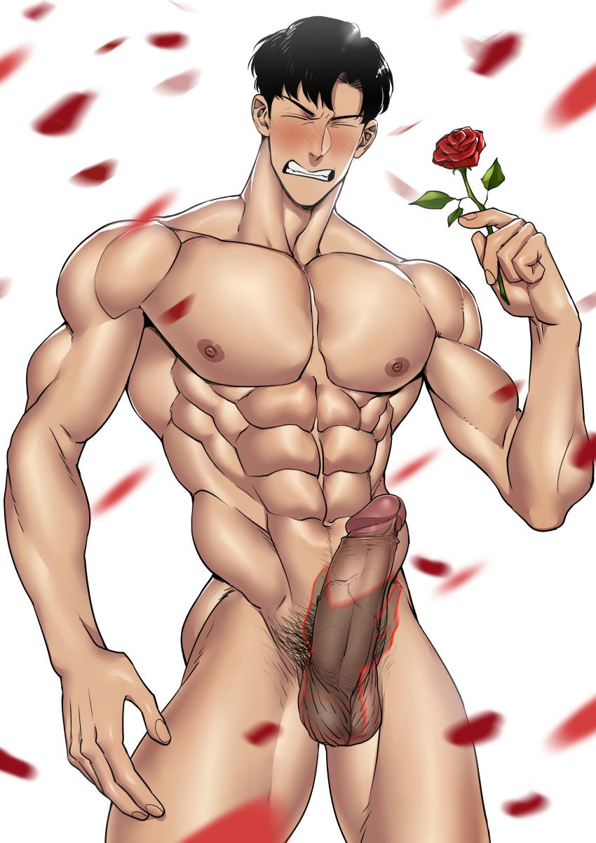 1boy abs bishoujo_senshi_sailor_moon black_hair blush boner closed_eyes completely_nude erect_penis erection flower genitals gritted_teeth hand_on_penis handjob male male_focus male_only mamoru_chiba muscular muscular_male nude nude_male pecs penis penis_grab pov pov_hands pubic_hair rose_(flower) rose_petals solo solo_focus solo_male standing straight_hair suyohara tuxedo_mask uncensored vein veiny_penis