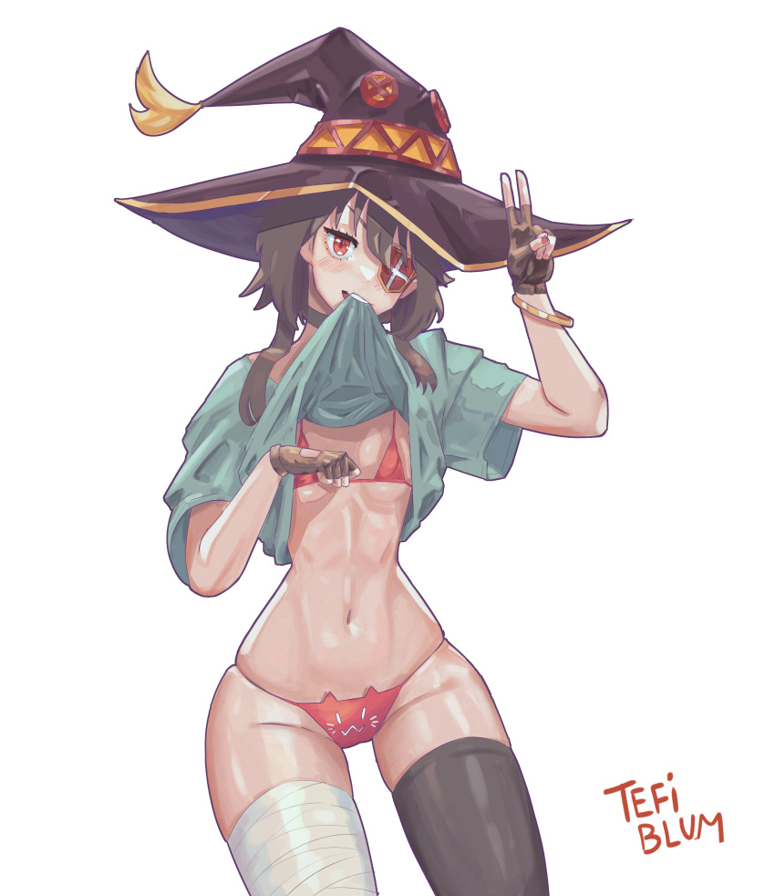 1girls breasts brown_hair choker eye_contact eyepatch female fingerless_gloves flat_chest flat_chested gloves hat kono_subarashii_sekai_ni_shukufuku_wo! looking_at_viewer medium_hair megumin red_eyes small_breasts solo standing tefiblum thick_thighs thighhighs thighs witch_hat