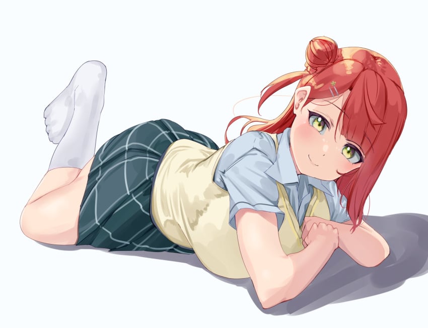 1girls ass big_ass big_breasts breasts busty feet female female_only hair_bun hips huge_breasts large_breasts laying_down laying_on_stomach love_live! love_live!_nijigasaki_high_school_idol_club mostly_clothed red_hair school_uniform side_bun smile socks thick_thighs thighs toes uehara_ayumu yamasonson yellow_eyes