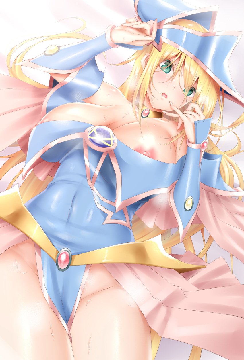 1girls absurdres bare_shoulders blonde_hair blue_headwear blush blush_stickers breasts calcio cleavage dark_magician_girl duel_monster female female_only finger_to_mouth green_eyes hair_between_eyes hat highres large_breasts long_hair looking_at_viewer nipple_slip nipples solo wizard_hat yu-gi-oh!