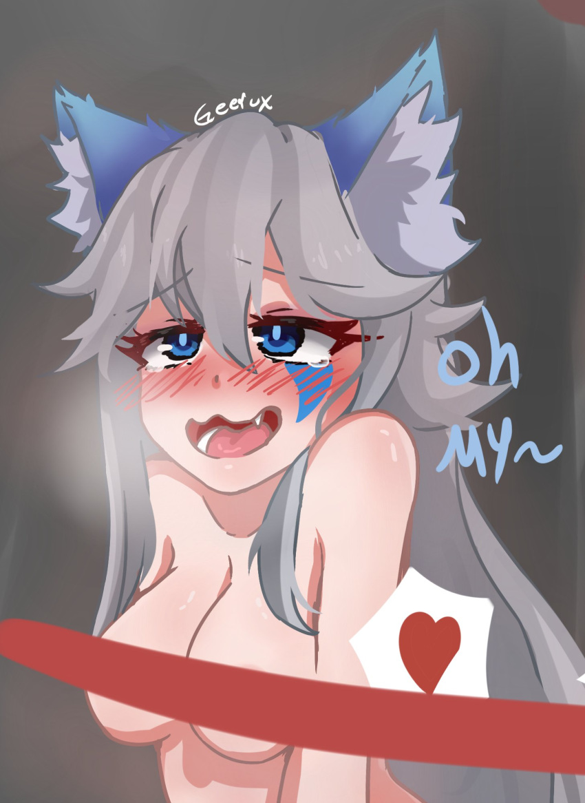 1girls animal_ears blue_eyes blush breasts english_text female female_focus fox_ears geerux heart implied_sex io_(paladins) kemonomimi large_breasts light-skinned_female light_skin open_mouth paladins silver_hair tears tears_of_pleasure text