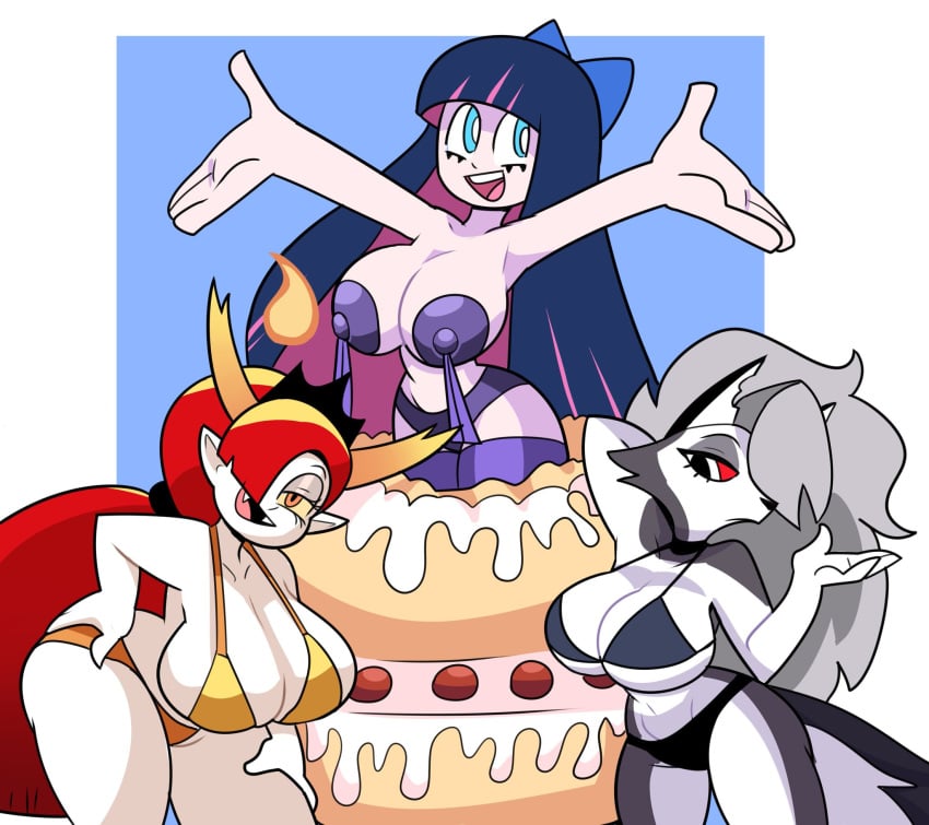 3girls anthro arm_behind_head arm_up armpits arms_up bangs bent_over big_breasts bikini blue_bow blue_eyes blunt_bangs breasts busty cake celebration cleavage closed_mouth colored_inner_hair crossover curvaceous curvy_hips demon demon_horns disney eyelashes eyeshadow fangs female female_only fire food frosting fur furry gray_hair grey_hair hair_over_one_eye hairbow half-closed_eyes hand_on_hip happy happy_female hekapoo hellhound helluva_boss hips horns huge_breasts human humanoid large_breasts light-skinned_female light_skin long_hair looking_at_viewer looking_to_the_side loona_(helluva_boss) multicolored_hair multiple_girls nipple_tassels open_smile orange_eyes outstretched_arms panty_&_stocking_with_garterbelt pointy_ears pose purple_hair purple_skin red_eyes red_hair star_vs_the_forces_of_evil stocking_anarchy superspoe surprise swimsuit tail tassels thick_thighs thighhighs thighs very_long_hair white_body white_hair wide_hips wolf yellow_bikini