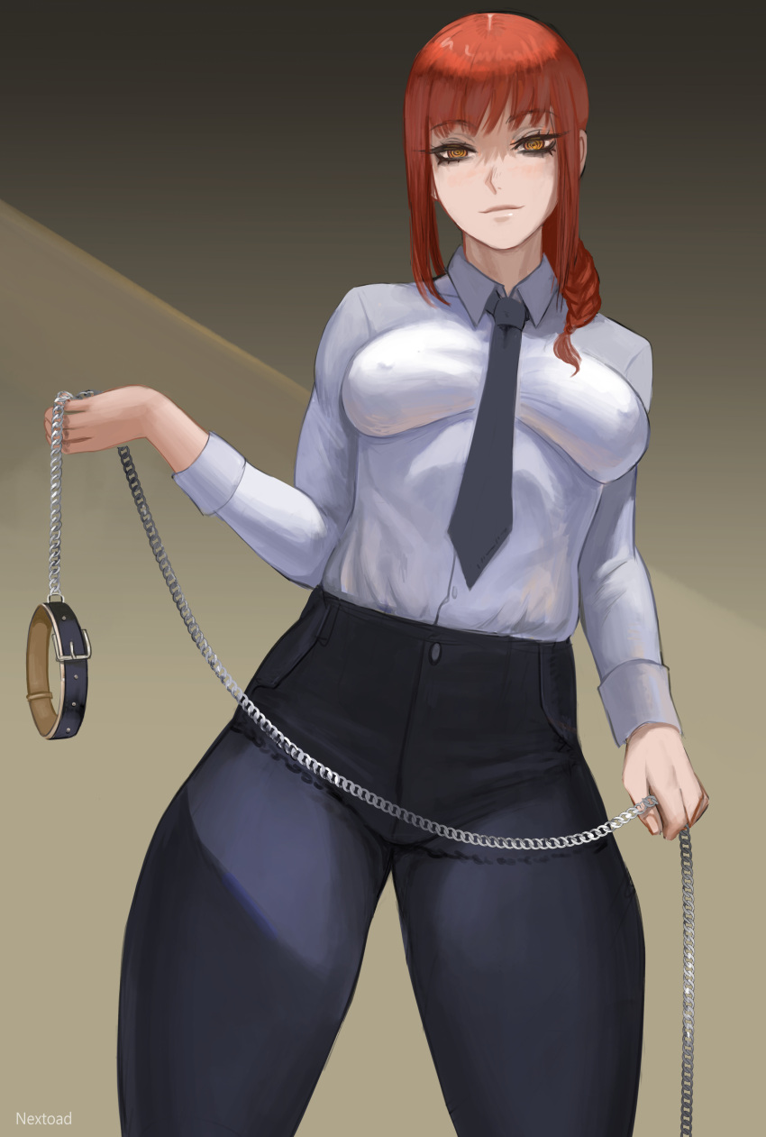 1girls big_breasts braided_hair breasts chainsaw_man clothed collar eye_contact female formal formal_attire formal_clothes formal_wear fully_clothed girl_in_suit image leash leash_and_collar long_hair looking_at_viewer makima_(chainsaw_man) necktie nextoad nipple_bulge red_hair solo standing suit_and_tie tight_clothing woman_in_suit