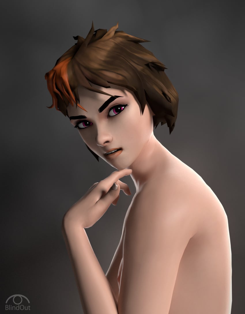 1girls 3d brown_hair female female_focus female_only gray_background harry_potter harry_potter:_hogwarts_mystery looking_at_viewer merula_snyde naked nude photoshoot purple_eyes solo teasing