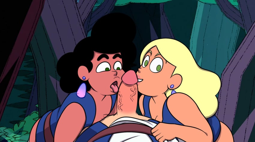 1girls 2boys bisexual bisexual_male black_hair blonde_hair blowjob both_sexes_in_same_situation cartoon_network collaborative_fellatio dark-skinned_femboy dark-skinned_male dark_skin dzk earrings erection fellatio female femboy forest girly green_eyes group interracial jay-ten_(steven_universe) light-skinned_female light-skinned_male long_hair male male_pov open_mouth oral penis pussy sex sitting smile steven_universe straight threesome tongue_out wy-six_(steven_universe) zoomans