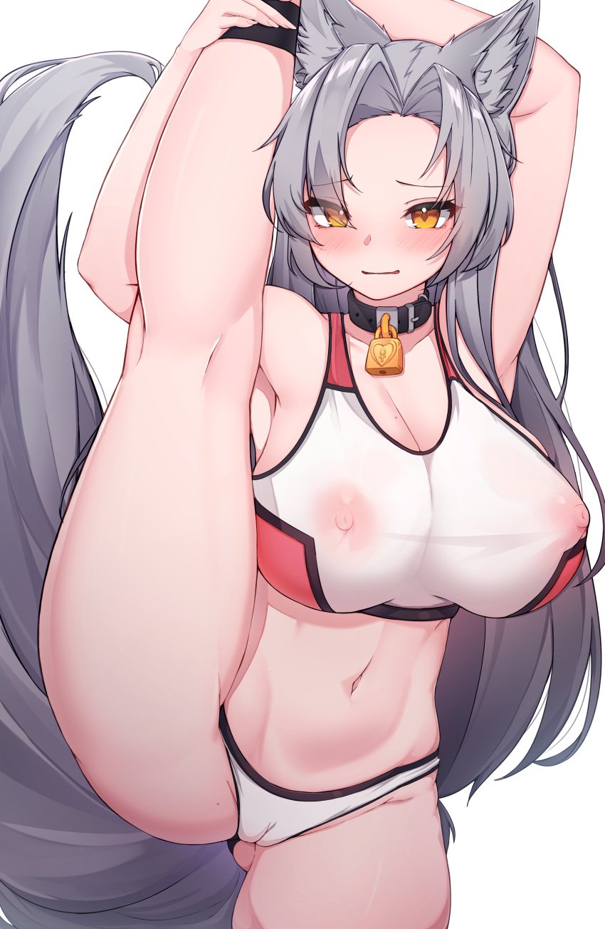 5danny1206 absurdres animal_ears areolae arms_up ass_visible_through_thighs bell blush breasts cameltoe cleavage closed_mouth commission covered_nipples eyes_visible_through_hair female forehead fox_ears fox_girl fox_tail grey_hair highres large_breasts long_hair looking_at_viewer navel neck_bell nipples original see-through simple_background smile solo split sports_bra standing standing_on_one_leg standing_split tail toned white_background yellow_eyes