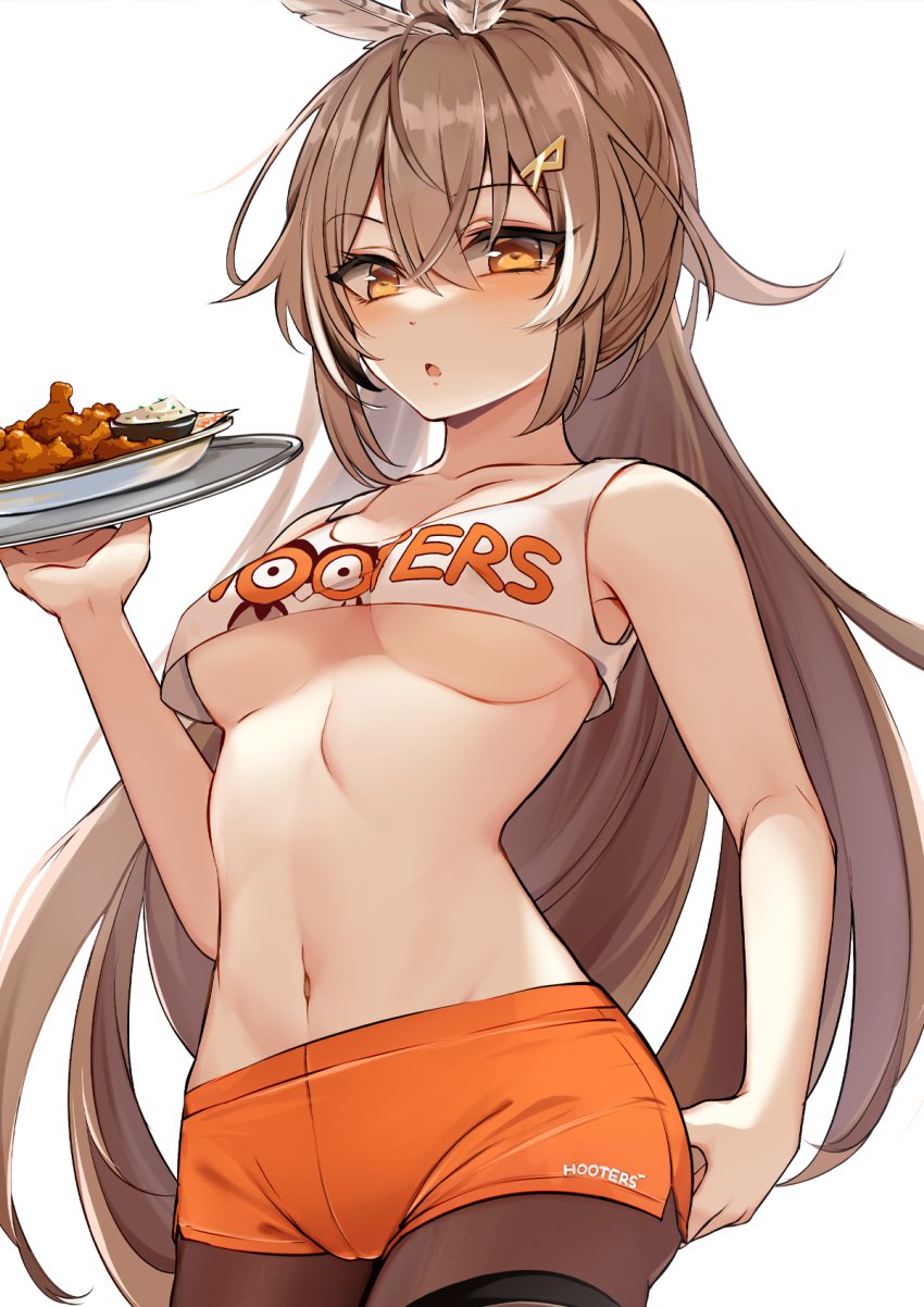 1girls :o black_legwear breasts brown_hair cameltoe chicken_(food) collarbone cowboy_shot crop_top crop_top_overhang elfboi eyebrows_visible_through_hair feathers female female_focus female_only food hair_ornament hairclip highres holding holding_tray hololive hololive_english hololive_english_-council- hololive_english_-promise- hooters long_hair looking_at_viewer medium_breasts micro_shorts multicolored_hair nanashi_mumei navel no_bra orange_shorts pantyhose pun shirt shorts solo solo_female solo_focus stomach streaked_hair tray underboob virtual_youtuber white_background white_shirt yellow_eyes