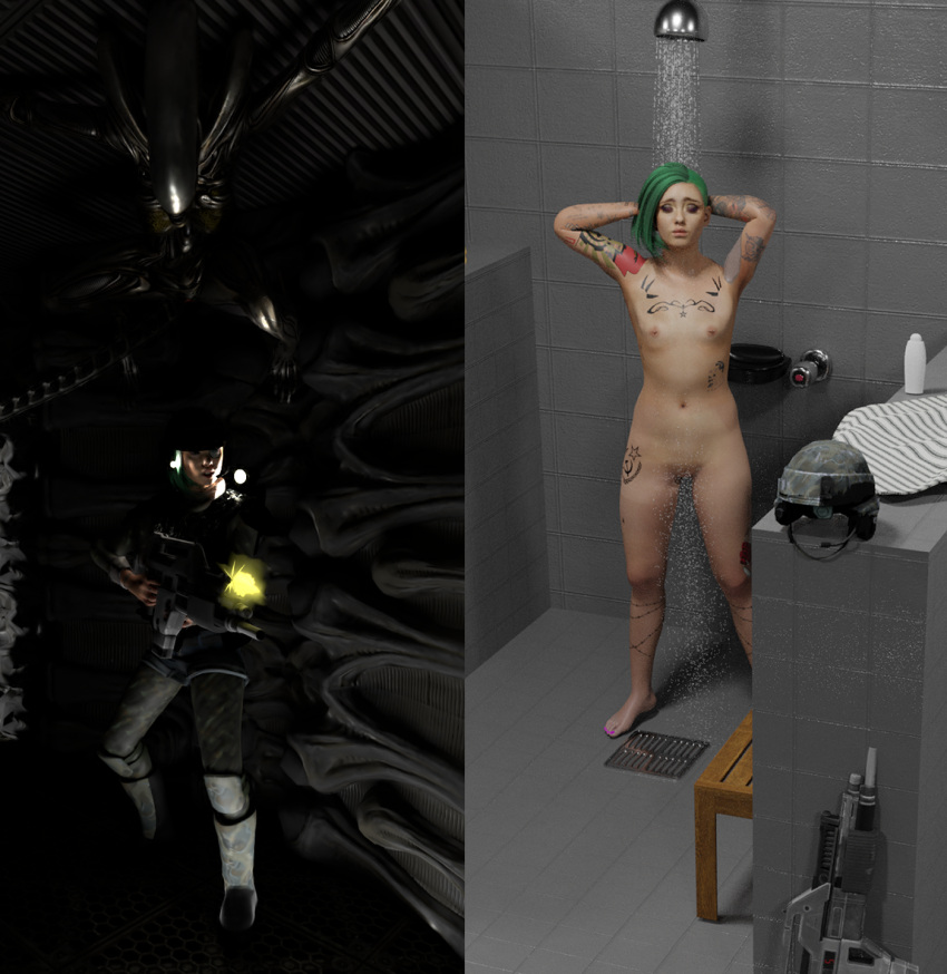 3d alien_(franchise) emo female flat_chest green_hair gun nude oc original_character piercing pussy shower small_breasts soldier solo_female tattoo venet_mugly xenomorph zzzqueen1