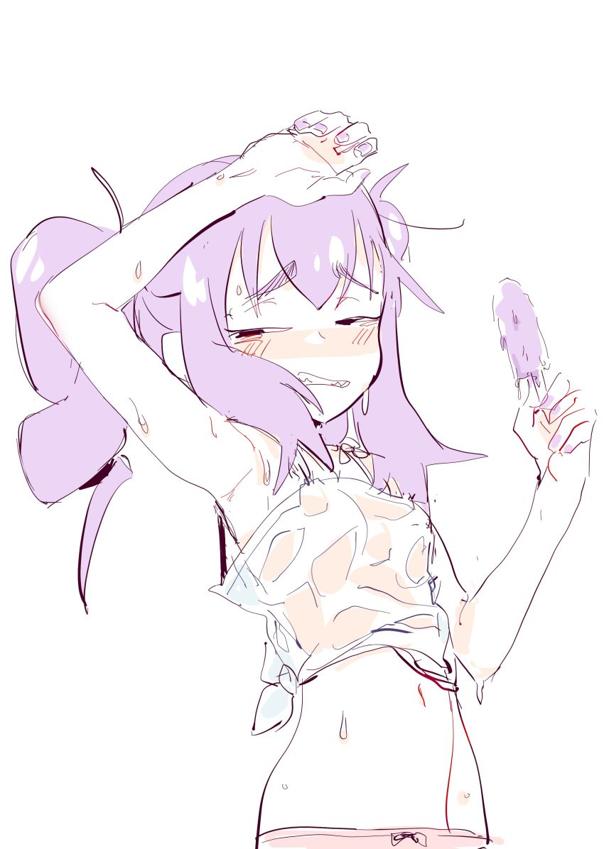 barely_clothed blush imnoteds looking_away looking_to_the_side official_art otachan otakuvs partially_clothed popsicle purple_eyes purple_hair see-through see-through_clothing sweat sweatdrop sweaty the_otachan_show twintails