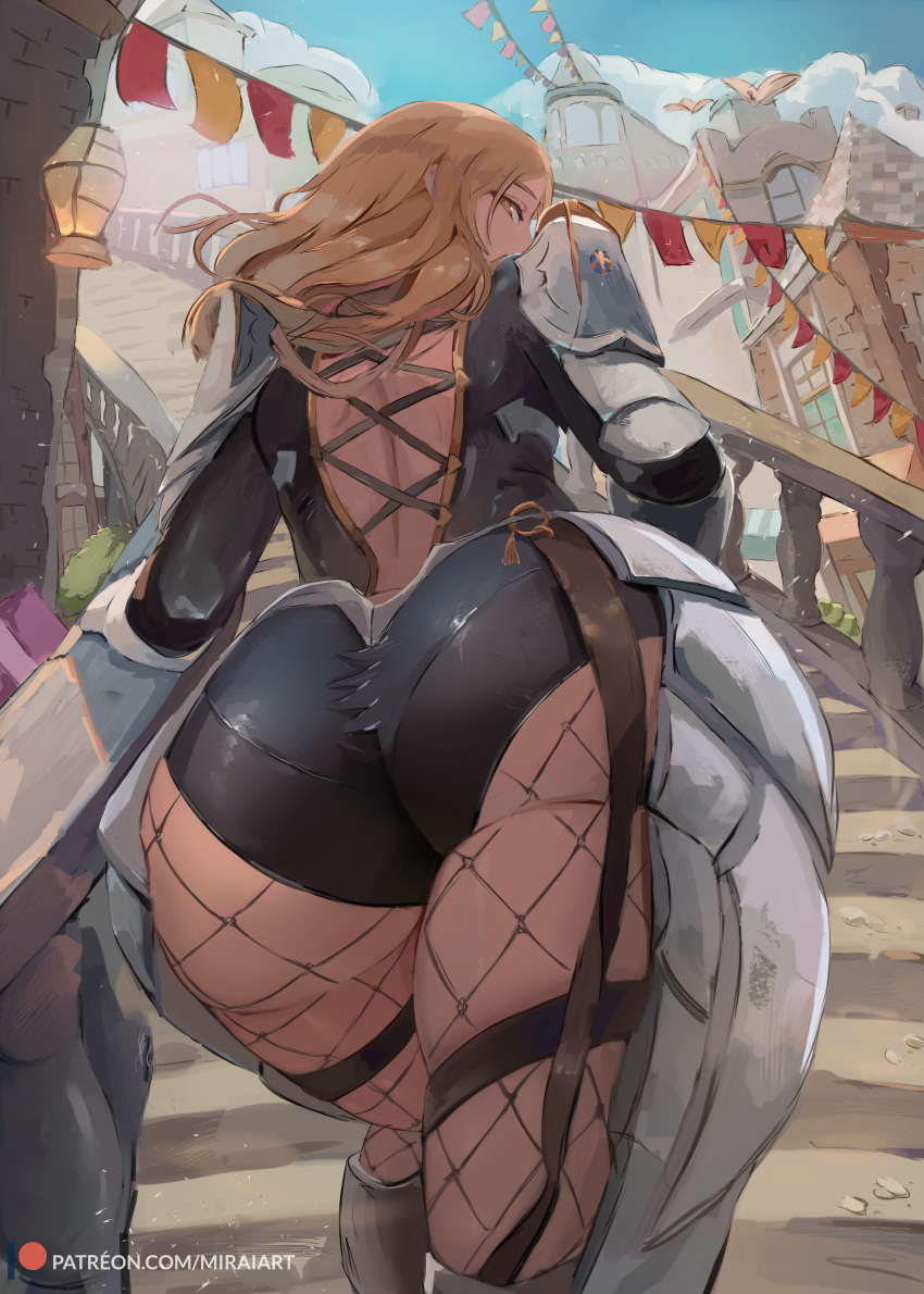 1girls absurd_res armor ass back_cutout bangs black_bodysuit blonde_hair blue_sky bodysuit breasts brown_eyes clothing clothing_cutout dark_blonde dark_blonde_hair dat_ass dirty_blonde dirty_blonde_hair faulds female fishnet_legwear fishnet_stockings fishnets gauntlets hi_res image kisara_(tales) large_breasts long_hair looking_at_viewer looking_back miraihikari pauldron sandy_blonde sandy_blonde_hair shoulder_armor sky solo solo_female stairs tales_of_(series) tales_of_arise thighs