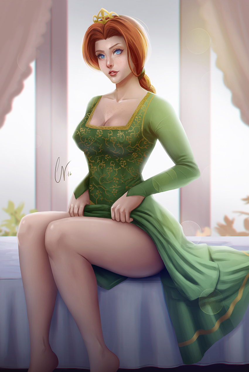 1girls bed carlosvasseur cleavage clothed dreamworks female female_only freckles geravass hair human_fiona legs nipples_visible_through_clothing princess_fiona princess_fiona_(human) red_hair shrek_(series) solo tagme thick_thighs