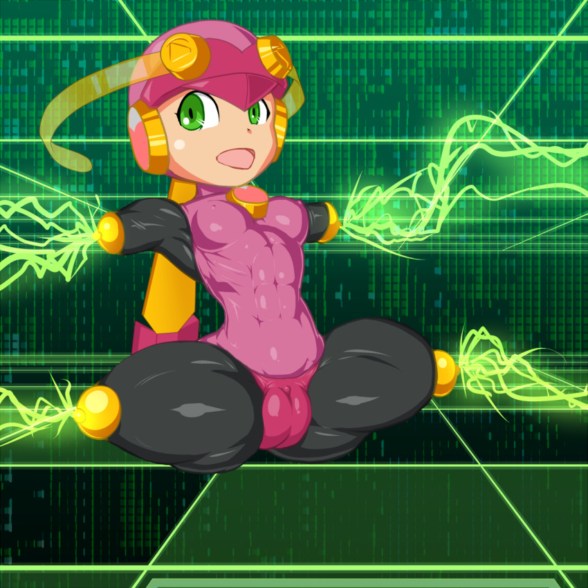 a- amputee electricity female green_eyes helmet looking_at_viewer medium_breasts mega_man mega_man_battle_network open_mouth pussy quadruple_amputee roll.exe solo thick_thighs