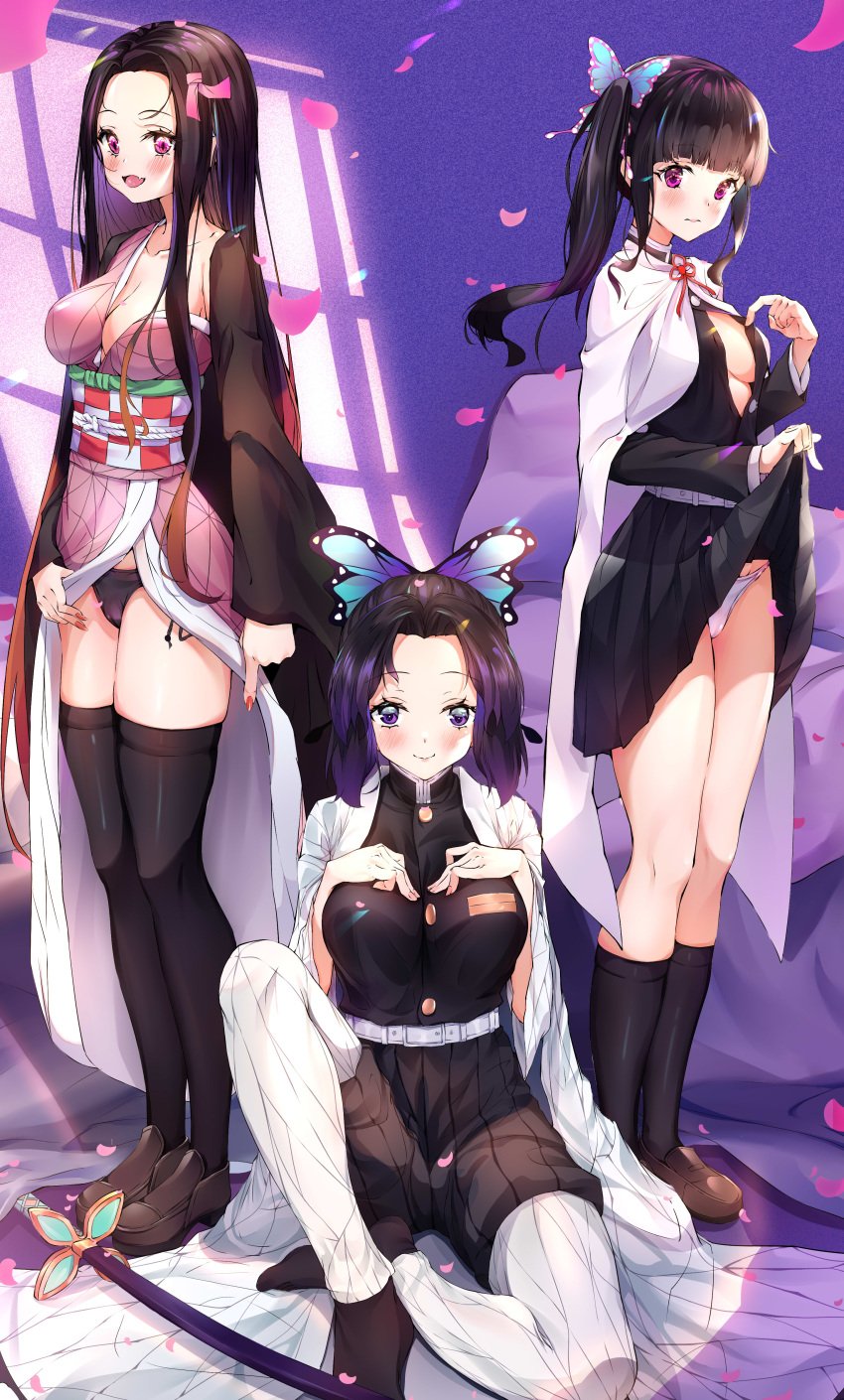 3girls alternate_costume bangs black_hair black_legwear black_panties black_thighhighs butterfly_hair_ornament cape cleavage cqingwei cute_fang demon_slayer female female_only full_body fully_clothed hair_ribbon haori kamado_nezuko kimetsu_no_yaiba kimono kimono_lift kimono_pull kochou_shinobu loafers long_hair looking_back nail_polish no_bra obi open_clothes open_kimono panties pink_eyes pleated_skirt ponytail purple_eyes red_nails shirt_pull side_ponytail skirt_lift slit_pupils smile socks standing sword thighhighs tsuyuri_kanao two_tone_hair very_long_hair white_panties zettai_ryouiki