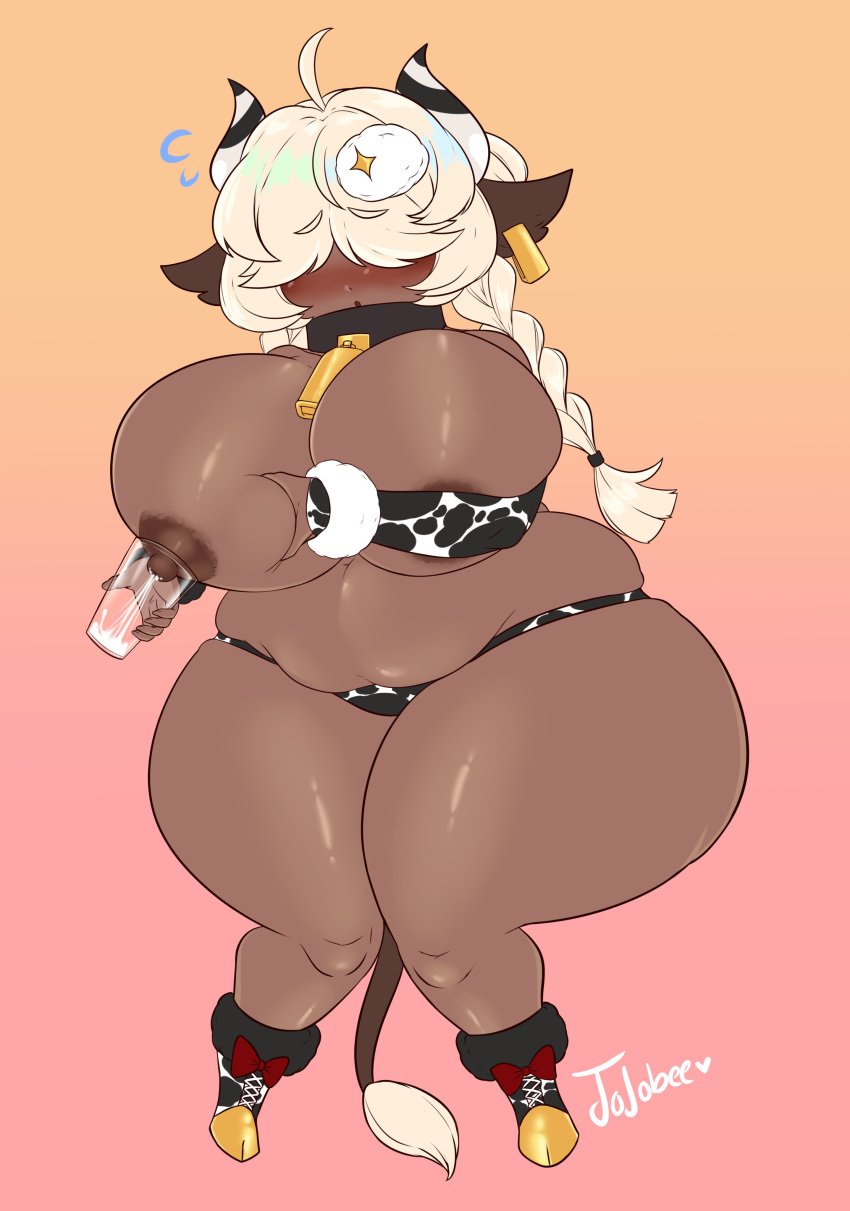 1girls absurd_res ahoge areolae big_breasts blonde_hair blush braid breast_milking breast_squeeze chubby collar cow_ears cow_girl cow_horns cow_print cow_print_armwear cow_tail cowbell curvy dark-skinned_female dark_skin earrings female female_only glass hair_between_eyes hair_over_eyes hip_squish hooves horns jojoniumart lactating_into_cup lactation long_hair milking milking_self nipples nude nude_female panties shortstack simple_background solo solo_female tail tail_tuft thick_thighs wide_hips