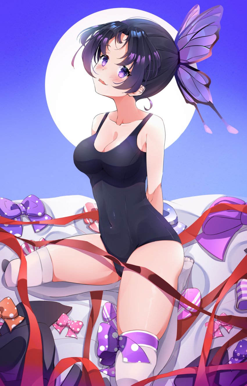 alternate_costume arms_behind_back blush butterfly_hair_ornament cleavage cqingwei demon_slayer female female_only kimetsu_no_yaiba kochou_shinobu looking_at_viewer medium_breasts one-piece_swimsuit purple_eyes purple_hair school_swimsuit sitting solo swimsuit thighhighs wariza white_legwear white_thighhighs zettai_ryouiki